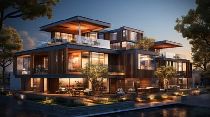 Fototapeta premium Residential Apartment Exterior Rendering Dark Sky with Symmetrical Arrangement