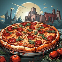 Cartoon style delicious Italian pepperoni pizza on retro pop art background generative ai