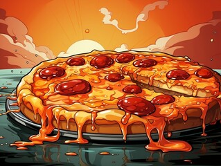 Cartoon style delicious Italian pepperoni pizza on retro pop art background generative ai
