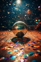Disco ball on the floor covered with confetti. Party concept, copy space. AI generative, illustration.