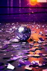 Disco ball on the floor covered with confetti. Party concept, copy space. AI generative, illustration.