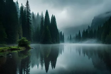 Foto auf Acrylglas Wald im Nebel heavy rain in forest generative by AI technology