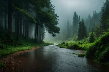 Obraz premium heavy rain in forest generative by AI technology