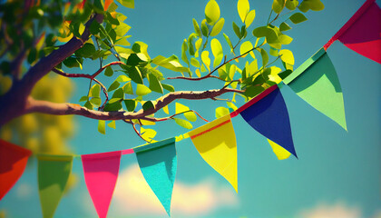 Bolorful pennant string decoration in green tree foliage on blue sky, summer party background, Ai generated image