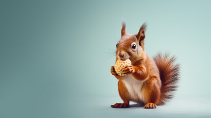 Advertising portrait, banner, redhead squirrel gnawing a nut isolated on light blue background