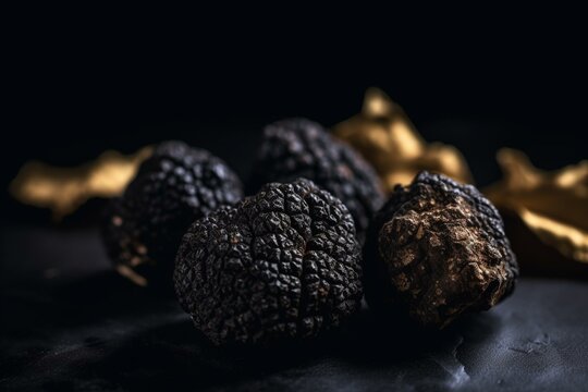 Close-up of black summer truffles, a prized ingredient for upscale restaurants, on a dark background. Generative AI