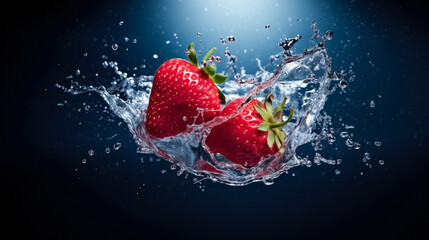 Fresh strawberry in water splash. Few raw red strawberrys.
