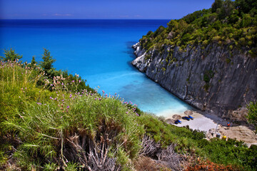 Beach of Xygia, in Zakynthos island on the Ionian Sea, Greece. The beach is famous for the azure...