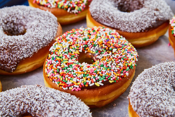 White tray with variety donuts dark chocolate coated with sprinkles, jimmies, coconut shavings