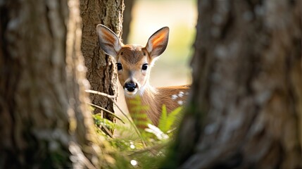 A little deer hiding behind a tree