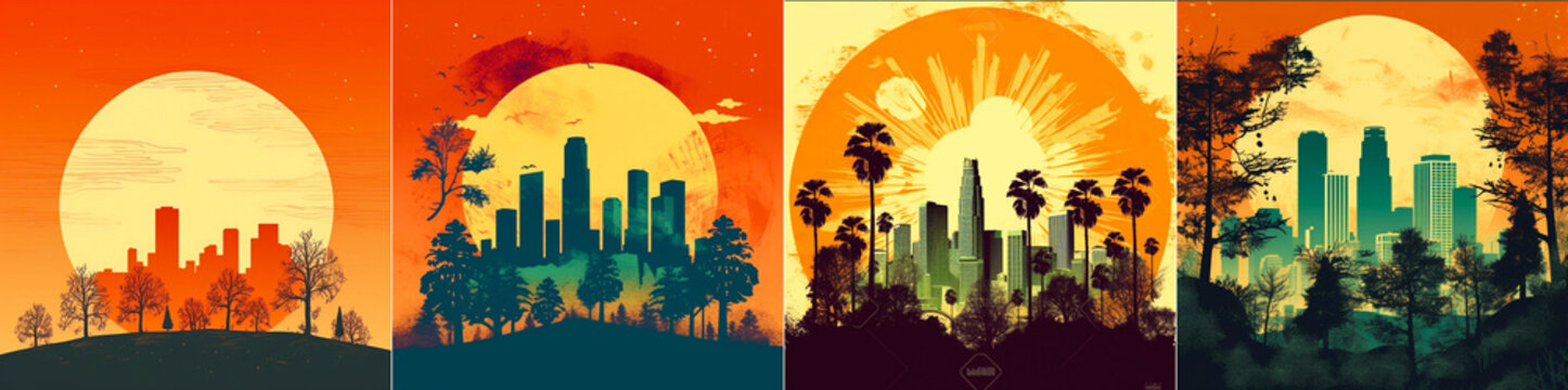 Los Angeles skyline flat two color illustration. Includes sketched trees and sun. Designed in Illustrator as a vector image.