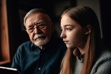 Family Bonding Through Technology: Adult Daughter Visiting Her Senior Father at Home, Sharing Quality Time and Using a Tablet Together