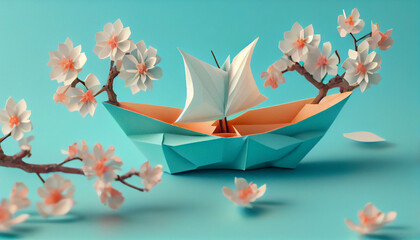 Cute close up origami paper boat on bright blue background. Springtime concept with cherry blossom branch. Horizontal spring banner Ai generated image - obrazy, fototapety, plakaty