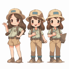 Naklejka premium Archaeologist kid with explorer outfit, vector pose, curious girl, cartoon style.