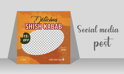 Fototapeta premium Food social media banner design template, food and restaurant promotion simple square social media post banner, online sale promotion flyer or poster, shish kabab, 