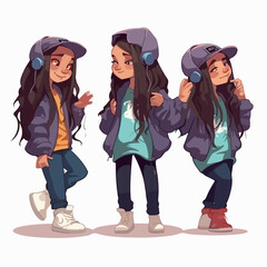 Obraz premium Rapper kid in rapper's clothes, vector pose, young girl, multipose.