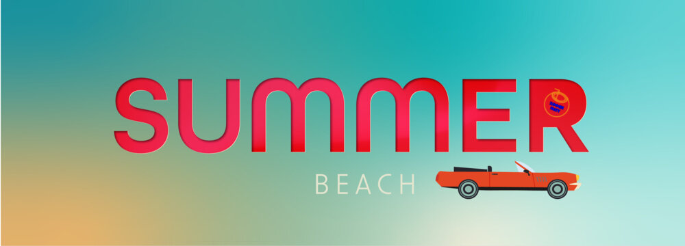 Red retro roadster car with surfing boards on the beach with palm silhouettes on background. Summer time themed vector illustration for poster or card or t-shirt or sticker design