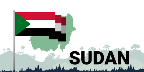 Stunning vector design: Country flag, map, name, and lush forest backdrop. Perfect for showcasing national pride and heritage.