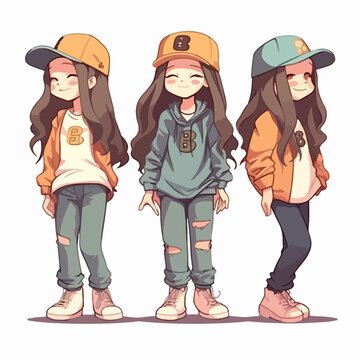 Rapper kid with rapper attire, vector pose, young girl, cartoon style.