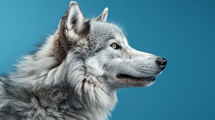 Advertising portrait, banner, gorgeous gray classic wolf looking away, isolated on blue background
