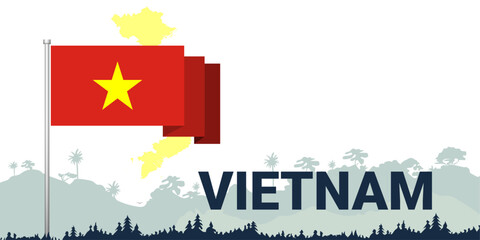 Stunning vector design: Country flag, map, name, and lush forest backdrop. Perfect for showcasing national pride and heritage.