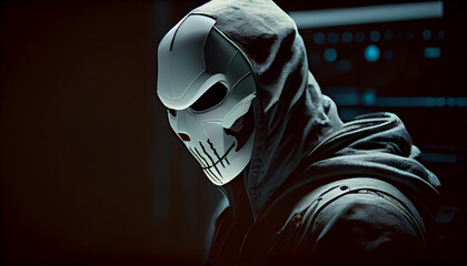 Dangerous cybercriminal in profile wearing a white mask Ai generated image