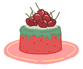 Christmas cake with cherries on pink plate 