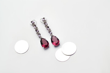 Elegant jewelry set. Jewellery set with gemstones. Jewelry accessories collage. Product still life...