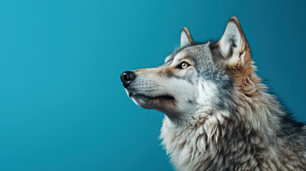 Advertising portrait, banner, gorgeous gray classic wolf looking up , isolated on blue background