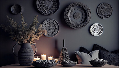 Decorative plates, frames, jars and bowl decoraed with macrame knotting. Home decor and accent pieces. Interior design of modern living room Ai generated image