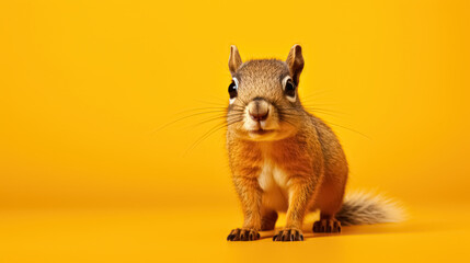 Advertising portrait, banner, redhead squirrel looks at the camera in surprise, isolated on yellow background