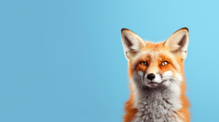 Advertising portrait, banner, beautiful fox with redhead fur, isolated on blue background