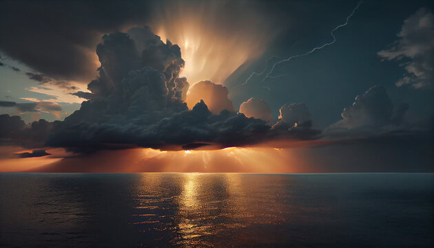 Eautiful thunder cloudscape with sun over the glittering sea, natural scene panorama for climate change, travel, vacation Ai generated image