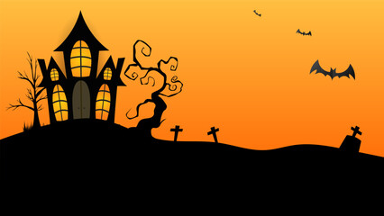 Abandoned castle on Halloween night with bats, for content online or web, banner and template , Flat cartoon flat style. illustration Vector EPS 10