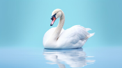 Obraz premium Advertising portrait, banner, gorgeous white swan and a reflection, isolated on light blue background