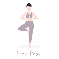 The girl does yoga. Yoga tree pose. The designation of the yoga pose. Vector flat illustration.
