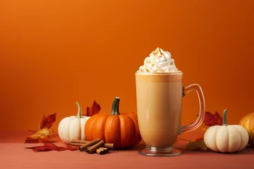  Seasonal pumpkin spice latte on orange background. © Firn