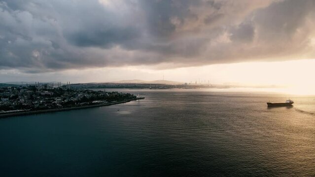 aerial view of istanbul cityscape and bosphorus in clody morning day