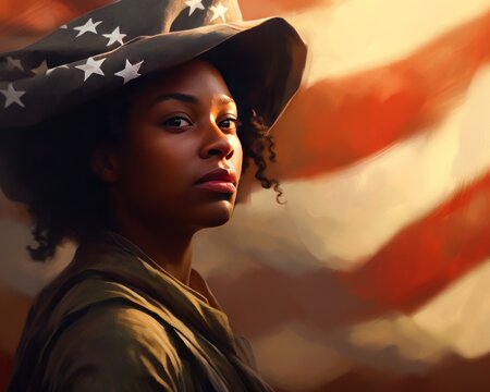 A image of painting of  a beautiful african american woman wearing a hat with the starts and the American flag in the background