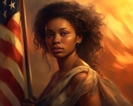 A image of painting of  a beautiful confident african american woman looking to the future holding the American flag