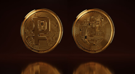 Digital ruble 3D rendering of a close-up model. Golden crypto coin with Russian currency symbol on brown background