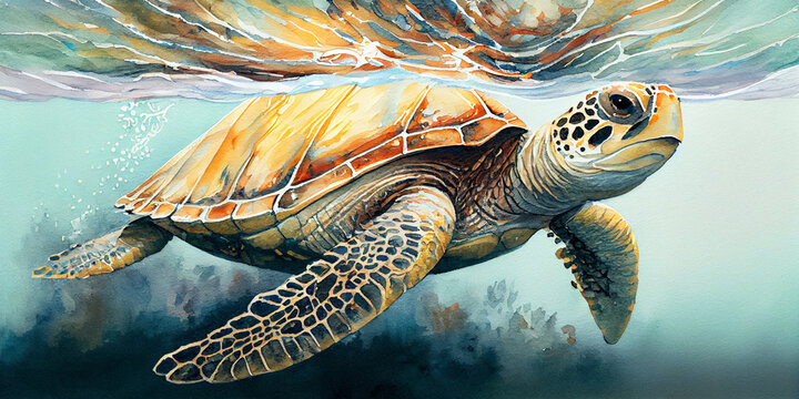 Large watercolor painting of a sea turtle Ai generated image