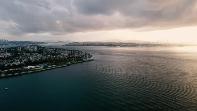 aerial view of istanbul cityscape and bosphorus in clody morning day