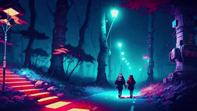 Modern park, walking at night animation. Road in the night park, lanterns and neon signs. Animation with illustrations transformations and metamorphose. AI generated video