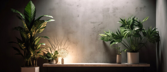 Loft contemporary interior mockup. Empty spacious apartment, room with concrete texture wall with tropical plants. Overlay shadow effect. Place for text. Minimal background. Generative ai.