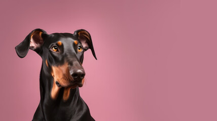 Advertising portrait, banner, serious doberman dog, observed look, isolated on neutral pink background