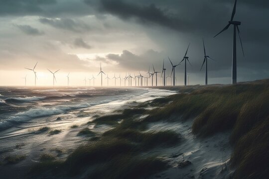 Wind turbines producing sustainable energy on a cloudy oceanic day. Generative AI