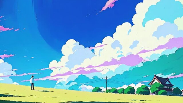 Countryside landscape in anime style. High mountains, green field with vilage, trees and cloudy blue sky. Bright animation with illustrations transformations and metamorphose. AI generated video