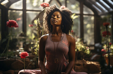 African american woman practicing breathing yoga pranayama outdoors in moss forest. Unity connection  with nature, meditating for inner peace, zen and balance, mental health concept. Generative AI - obrazy, fototapety, plakaty