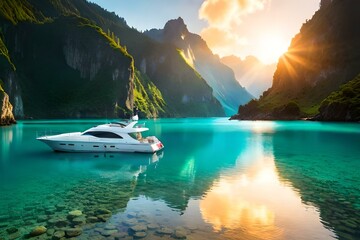 boat on the sea with sunlight 
